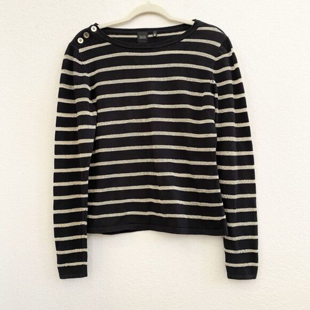 Saks Fifth Avenue Black‎ Sweater M Pullover Striped Black Gold Metallic Crewneck